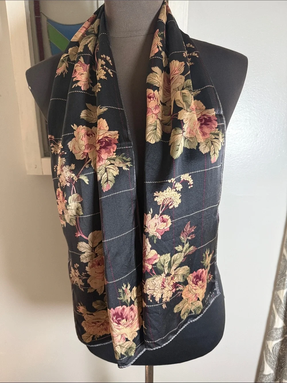 Vintage Lauren Ralph Lauren Silk Scarf | Black Floral Grid Print Accessory